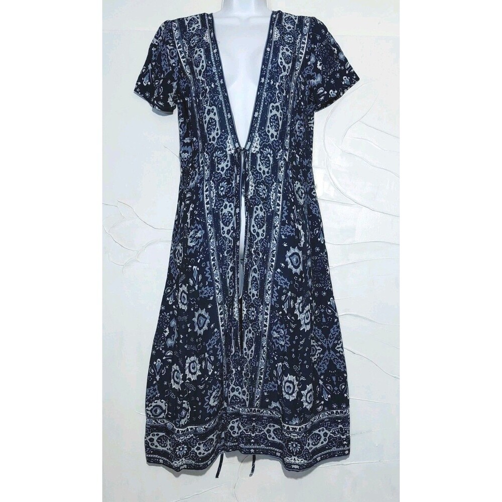 Lucky Brand XS Blue White Floral Open Front Cover-Up Short Sleeve Duster